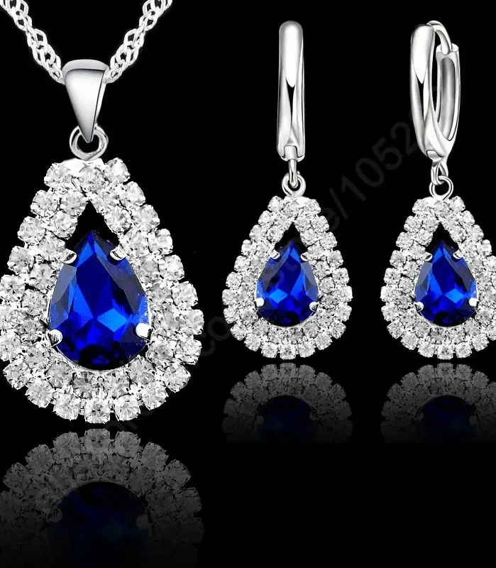 Gran oferta, conjunto de joyería nupcial, Plata de Ley 925, Color cristal austriaco, collares de gota de agua, pendientes de aro, fiesta de compromiso para mujer 1