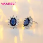 Auténtica Plata de Ley 925 chapada en plata para mujer, conjuntos de joyería de compromiso de boda, collar de cristal de circón ovalado de princesa, anillo y pendientes 14