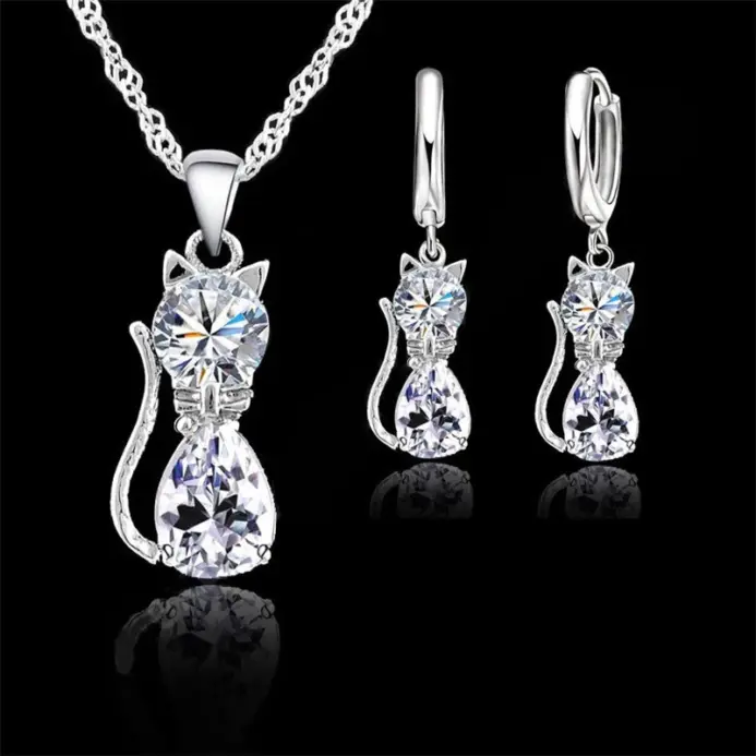 Juegos de joyas para mujer y niña, Plata de Ley 925 auténtica, cristal austriaco brillante, bonito collar con colgante de gato, pendiente Huggie 1