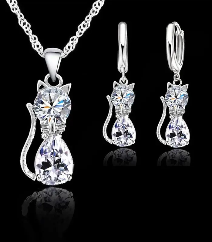 Juegos de joyas para mujer y niña, Plata de Ley 925 auténtica, cristal austriaco brillante, bonito collar con colgante de gato, pendiente Huggie 1