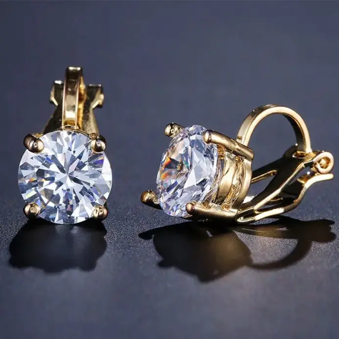 Pendientes de Clip de cobre de circonita cúbica redonda para mujer, Color dorado, cristal, Metal, fiesta, boda, joyería diaria, moda 1