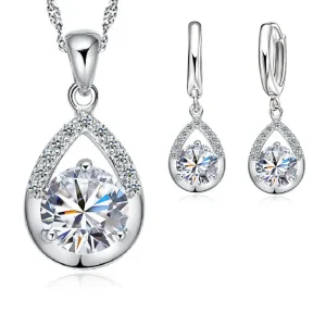 Gran oferta de conjuntos de joyería nupcial, collares de gota de agua de cristal de Color Plata de Ley 925, pendientes de aro para mujer, fiesta de compromiso 1