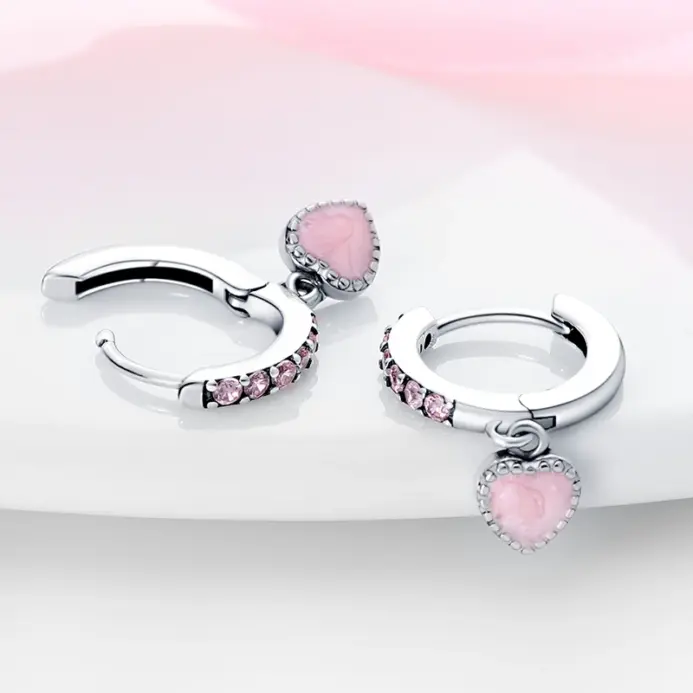 Pendientes de aro de Plata de Ley 925 originales, pendientes en forma de corazón rosa con circonita de colores para mujer, regalos de joyería fina para cumpleaños 2