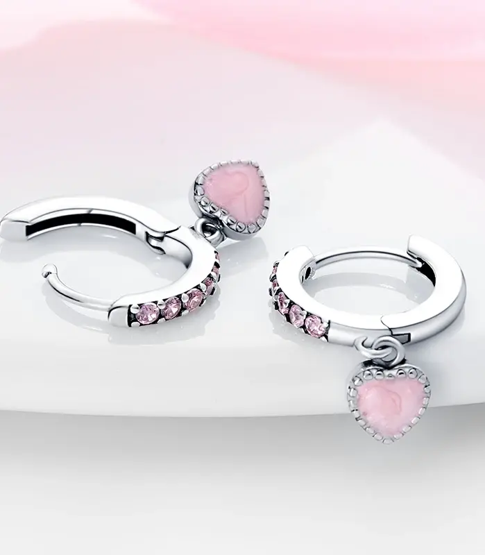 Pendientes de aro de Plata de Ley 925 originales, pendientes en forma de corazón rosa con circonita de colores para mujer, regalos de joyería fina para cumpleaños 2