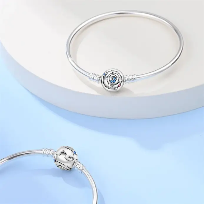 Pulseras originales de plata 925 de 17-20CM, trayectoria estrellada de Luna y estrella, pulseras de circón en forma de corazón aptas para dijes DIY, joyería de cumpleaños 2