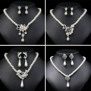 Conjunto de joyería nupcial con perlas de imitación para mujer, collar de gota Floral, pendientes, conjuntos de joyería de boda, elegante 1