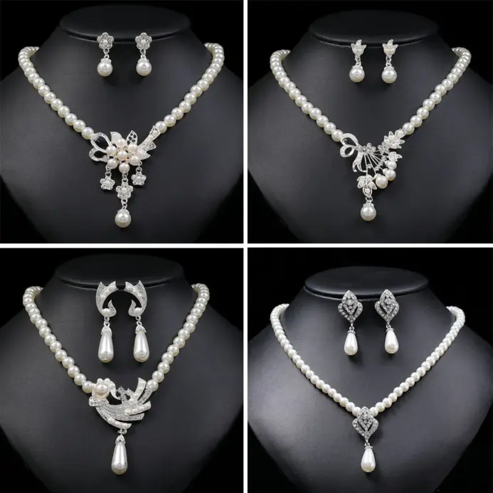 Conjunto de joyería nupcial con perlas de imitación para mujer, collar de gota Floral, pendientes, conjuntos de joyería de boda, elegante 1