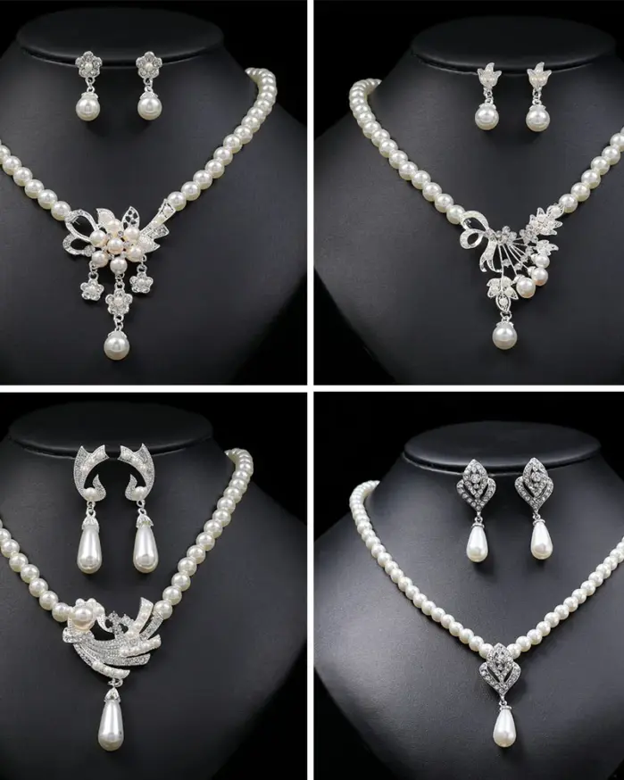 Conjunto de joyería nupcial con perlas de imitación para mujer, collar de gota Floral, pendientes, conjuntos de joyería de boda, elegante 1