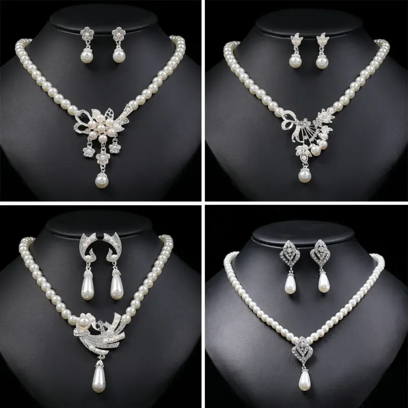 Conjunto de joyería nupcial con perlas de imitación para mujer, collar de gota Floral, pendientes, conjuntos de joyería de boda, elegante 1