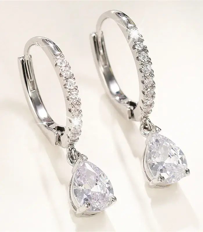 pendientes colgantes de circonia cúbica para mujer, aretes clásicos simples cuadrados/corazón/pera, estilo atemporal, joyería de eternidad de tendencia de boda 1