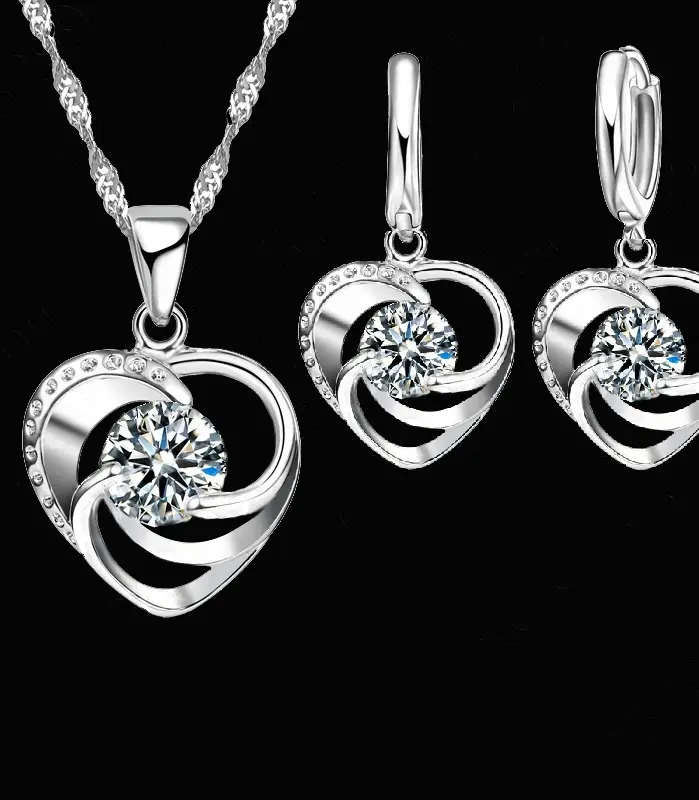 Conjunto de pendientes y collar estampado de Plata de Ley 925, cadena larga, estilo romántico dulce, forma de corazón de amor para mujer, esposa 2