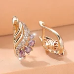 Pendientes de aro con forma de flor de piedra de circonia cúbica púrpura para mujer, joyería de boda Simple de Color dorado, regalos 2