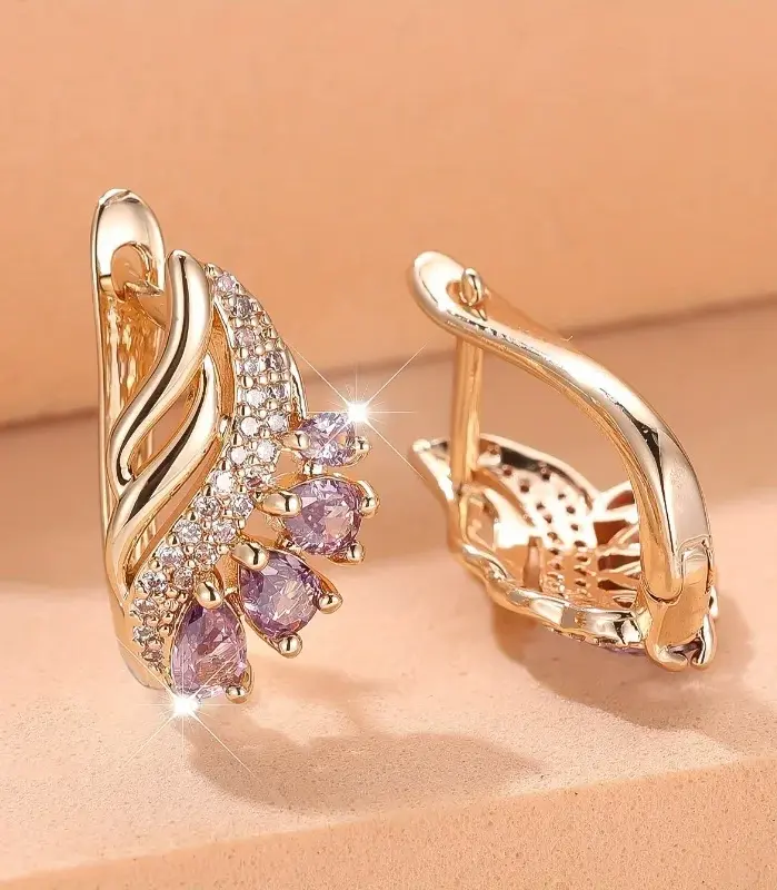 Pendientes de aro con forma de flor de piedra de circonia cúbica púrpura para mujer, joyería de boda Simple de Color dorado, regalos 2