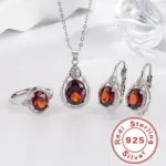 Exquisito conjunto de anillo y pendientes de collar de rubí de Plata de Ley 925 para mujer, joyería para fiesta de compromiso 2