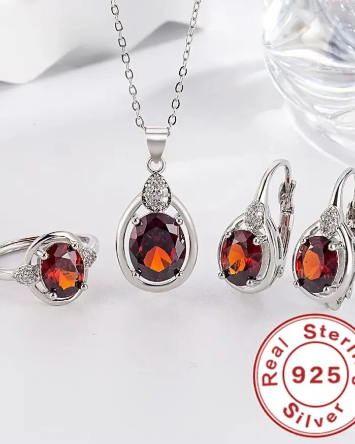 Exquisito conjunto de anillo y pendientes de collar de rubí de Plata de Ley 925 para mujer, joyería para fiesta de compromiso 2