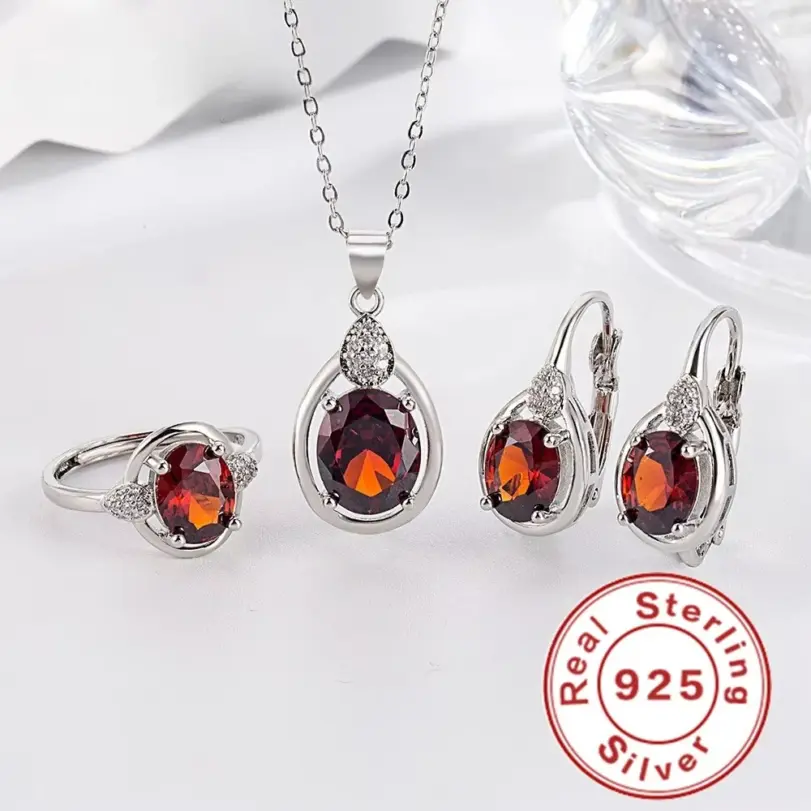 Exquisito conjunto de anillo y pendientes de collar de rubí de Plata de Ley 925 para mujer, joyería para fiesta de compromiso 2