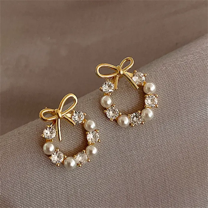 Pendientes de guirnalda de lazo simples, pendientes de perlas de cristal acrílico para mujer, joyería de fiesta a la moda, accesorios, regalos 1