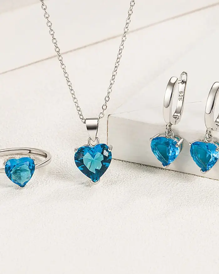 Juegos de joyas para mujer de Plata de Ley 925, anillo de circón con forma de corazón, pendientes, collar, boda, novia, regalos de navidad elegantes 2
