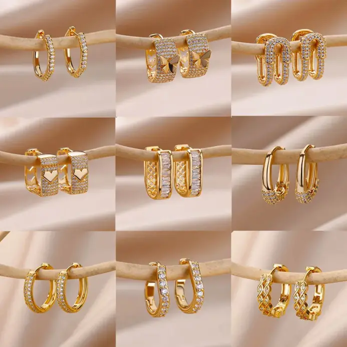 Pendientes de aro cuadrados con circonita brillante para mujer, aretes de acero inoxidable de Color dorado, joyería de Navidad de lujo, aretes de boda 1