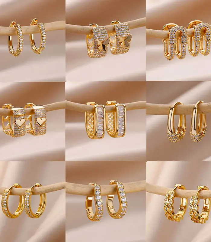 Pendientes de aro cuadrados con circonita brillante para mujer, aretes de acero inoxidable de Color dorado, joyería de Navidad de lujo, aretes de boda 1