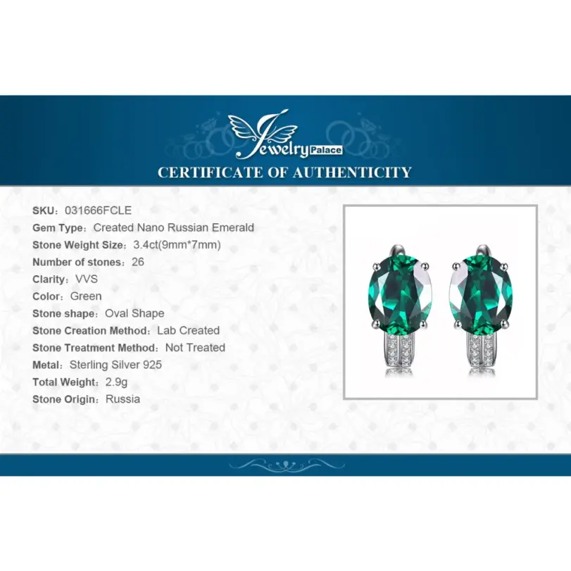 JewelryPalace, pendientes de aro con Clip de Plata de Ley 925 con Esmeralda creada en verde de 3,4 quilates para mujer, regalo de compromiso, joyería fina de moda 6