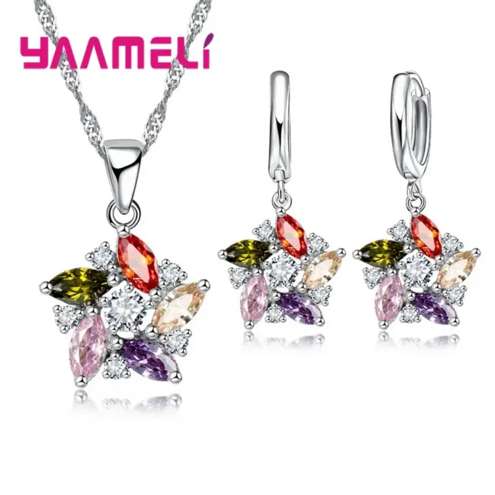 Collar con colgante de Color plata esterlina 925, pendientes, estilo étnico romántico, forma de molino de viento, piedra de cristal colorida/blanca para niña 1