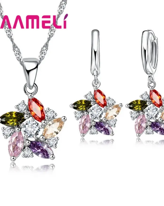 Collar con colgante de Color plata esterlina 925, pendientes, estilo étnico romántico, forma de molino de viento, piedra de cristal colorida/blanca para niña 1
