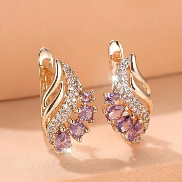 Pendientes de aro con forma de flor de piedra de circonia cúbica púrpura para mujer, joyería de boda Simple de Color dorado, regalos 1