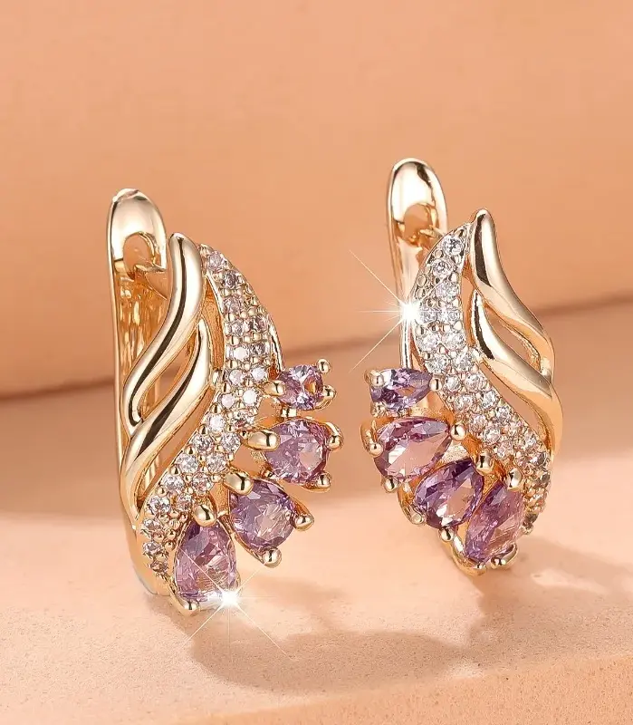 Pendientes de aro con forma de flor de piedra de circonia cúbica púrpura para mujer, joyería de boda Simple de Color dorado, regalos 1