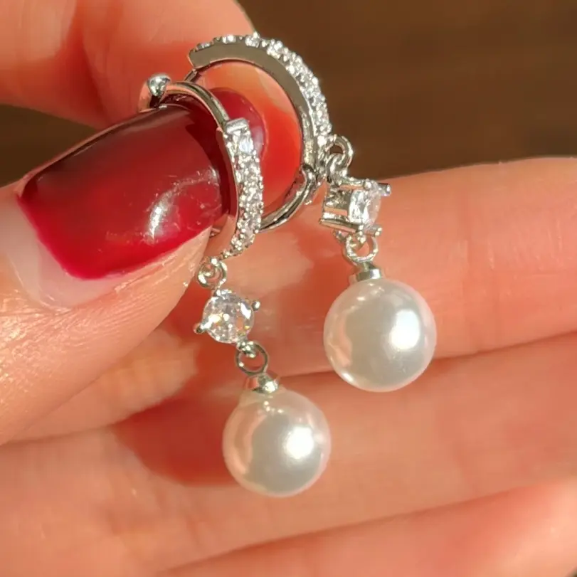 Huitan-pendientes colgantes de perlas de imitación para mujer, Color plateado, accesorios de boda simples y clásicos, joyería al por mayor 3