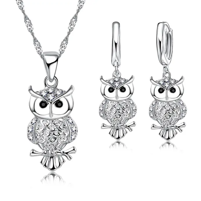 Conjuntos de pendientes y collar con colgante de búho de cristal AAA africano brillante, los mejores regalos para mujer, accesorio de fiesta de Color Plata de Ley 925 1