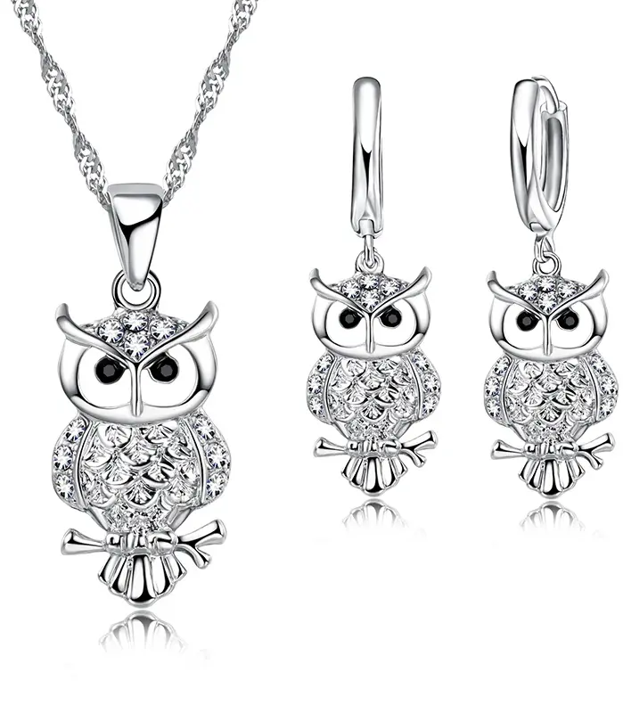 Conjuntos de pendientes y collar con colgante de búho de cristal AAA africano brillante, los mejores regalos para mujer, accesorio de fiesta de Color Plata de Ley 925 1