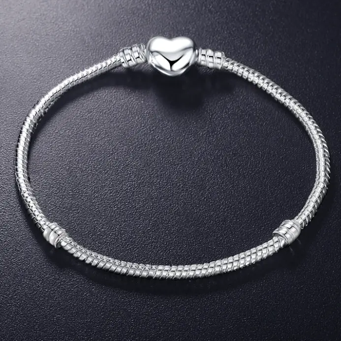Pulsera de plata 925 Original con forma de corazón, brazalete con cuentas de serpiente, regalo para mujer 1
