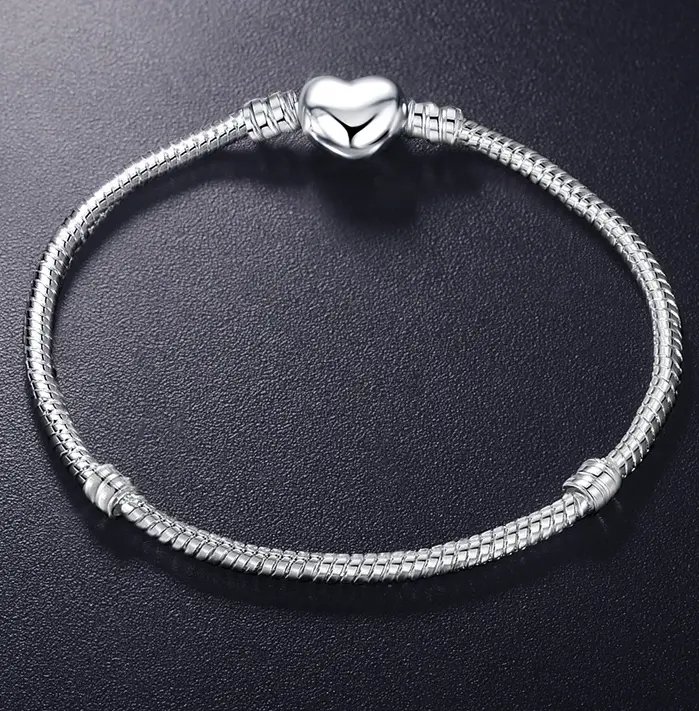 Pulsera de plata 925 Original con forma de corazón, brazalete con cuentas de serpiente, regalo para mujer 1