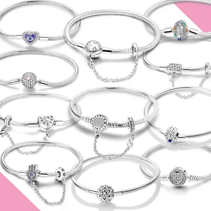 Pulseras de cuentas con cierre de cadena de serpiente Original de plata 925, dijes, joyería DIY para mujer 1