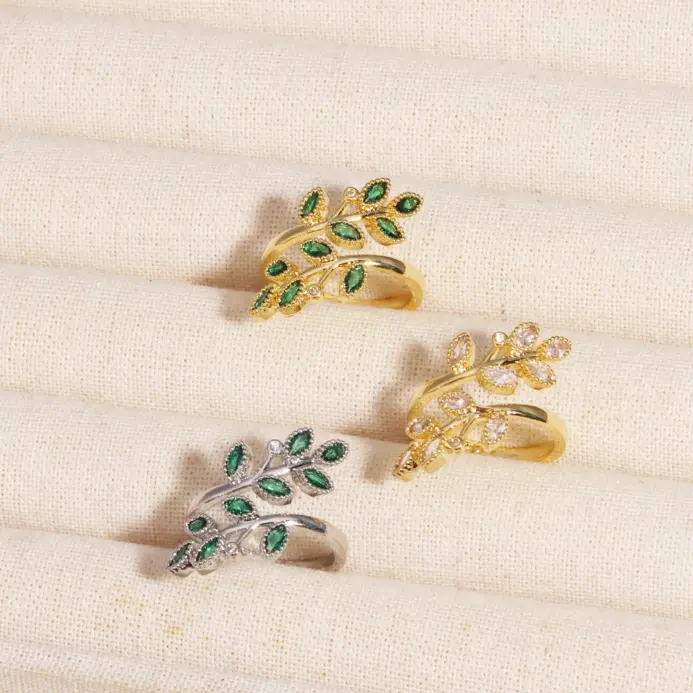 Anillos verdes de circón de Color dorado y plateado para mujer, anillo de hojas ajustables de lujo, joyería estética de boda a la moda coreana, regalo 2