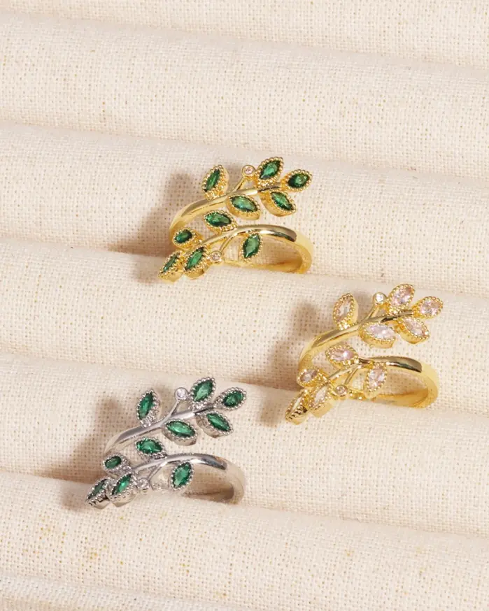 Anillos verdes de circón de Color dorado y plateado para mujer, anillo de hojas ajustables de lujo, joyería estética de boda a la moda coreana, regalo 2