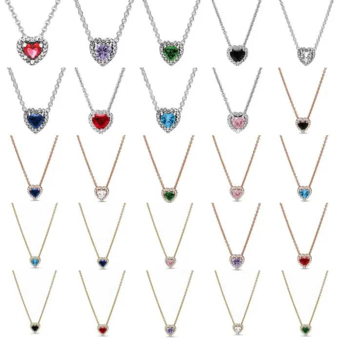 Nuevo collar europeo de plata 925, rojo, rosa, verde en forma de corazón, adecuado para festivales de mujeres, exquisitos regalos de joyería 1