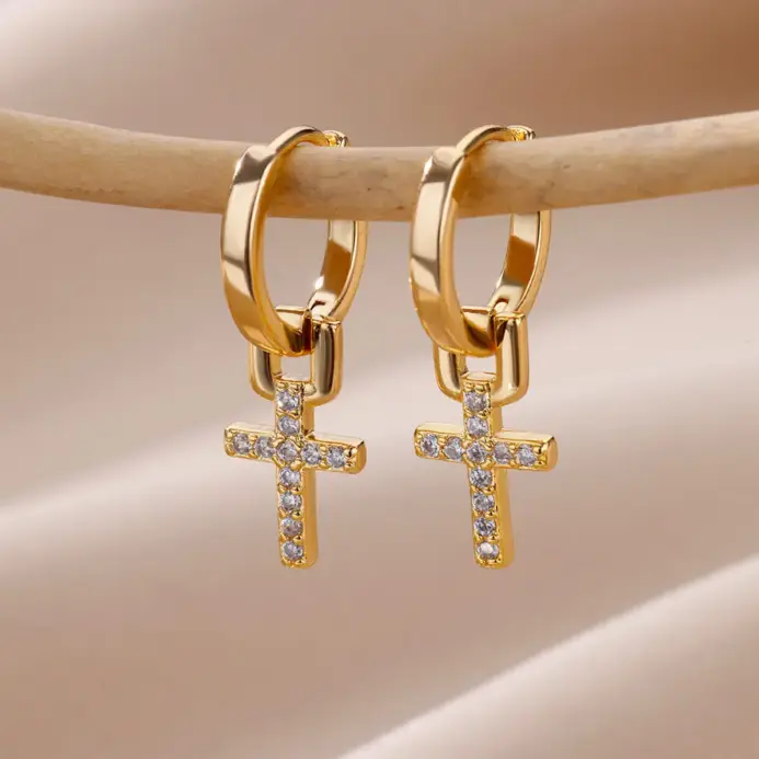 Pendientes de gota de Cruz de circón para mujer, pendientes de acero inoxidable de Color dorado 2023, joyería de lujo con hebilla para oreja, regalos de boda 1