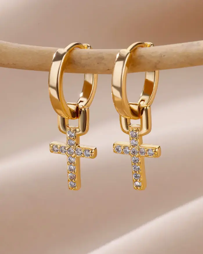 Pendientes de gota de Cruz de circón para mujer, pendientes de acero inoxidable de Color dorado 2023, joyería de lujo con hebilla para oreja, regalos de boda 1