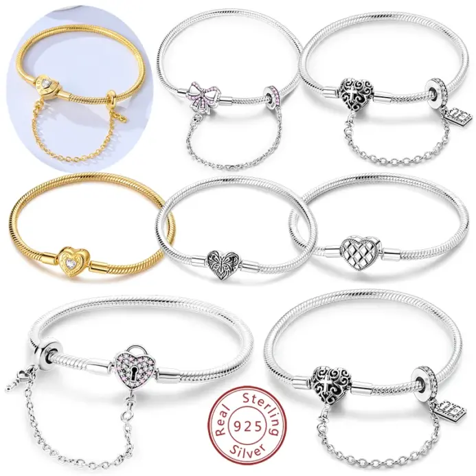Pulsera Original de Plata de Ley 925, pulsera con dije de corazón dorado y mariposa, pulsera de cadena de seguridad de 17-20CM para mujer, regalos de joyería 1