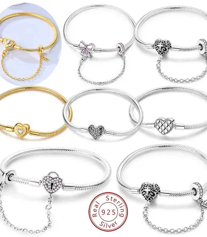 Pulsera Original de Plata de Ley 925, pulsera con dije de corazón dorado y mariposa, pulsera de cadena de seguridad de 17-20CM para mujer, regalos de joyería 1