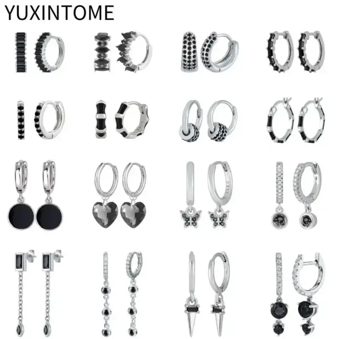 Pendientes de plata de ley 925 con aguja de circonita negra, pendientes de plata y oro para mujer, pendiente de aro con colgante geométrico a la moda, joyería de lujo 1
