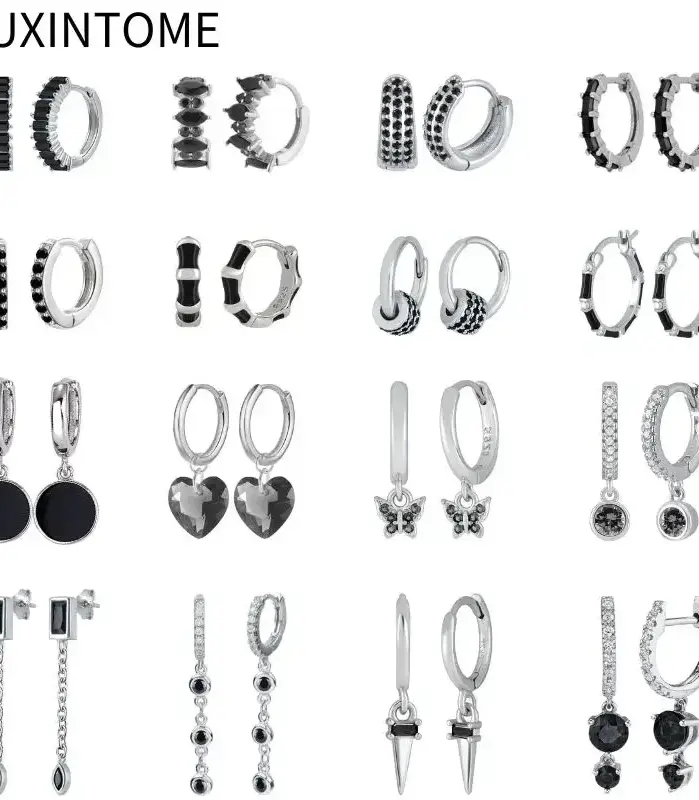 Pendientes de plata de ley 925 con aguja de circonita negra, pendientes de plata y oro para mujer, pendiente de aro con colgante geométrico a la moda, joyería de lujo 1
