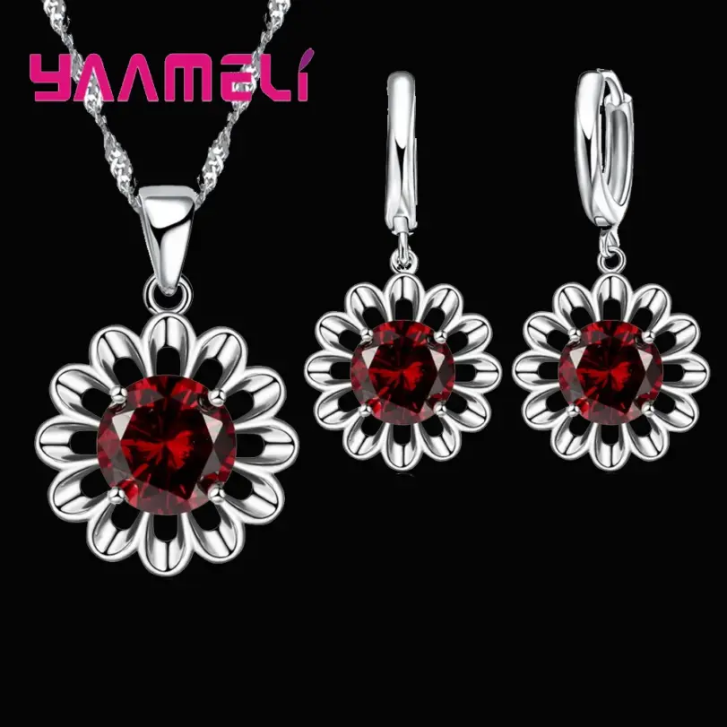 Nuevo conjunto de joyería de boda a la moda para mujer, collar con colgante de cristal de Color Plata de Ley 925 de alta calidad, pendiente de aro, gran promoción 6