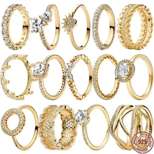 Anillo de plata de ley 925 con exquisita serie dorada, anillo de corona brillante en forma de corazón, regalo de joyería con dijes de moda, superventas 1