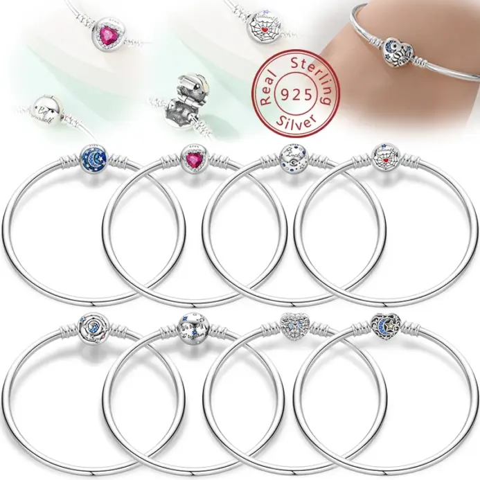 Pulsera dura de plata 925 auténtica, tamaño 17-20, estrella, corazón, telaraña, romántica para mujeres, apta para bodas y reuniones, joyería de lujo 1