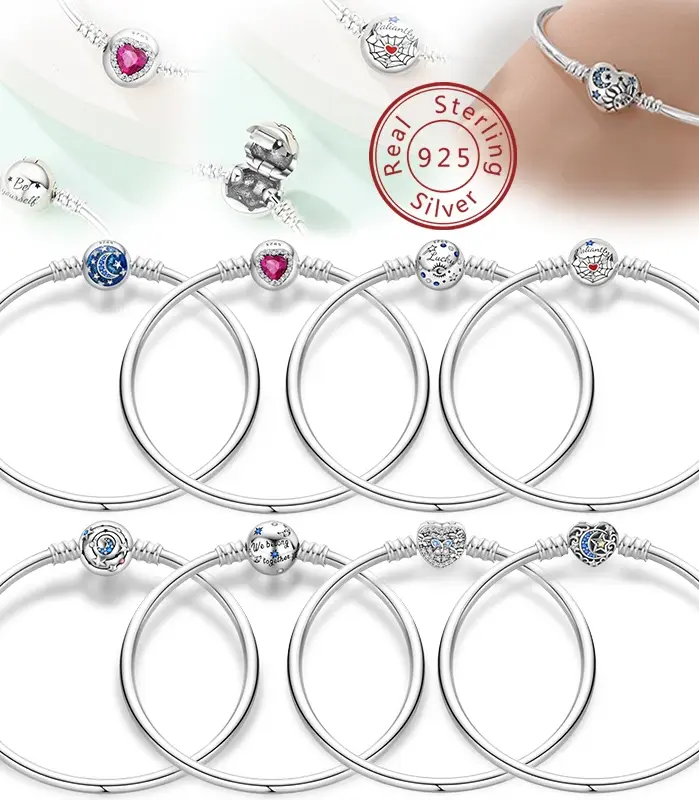 Pulsera dura de plata 925 auténtica, tamaño 17-20, estrella, corazón, telaraña, romántica para mujeres, apta para bodas y reuniones, joyería de lujo 1