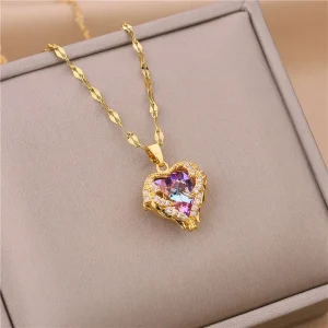 Collar con colgante de corazón de océano de cristal colorido de lujo superior para mujer, joyería de acero inoxidable 316L a la moda, cadena para cuello de boda para mujer 1