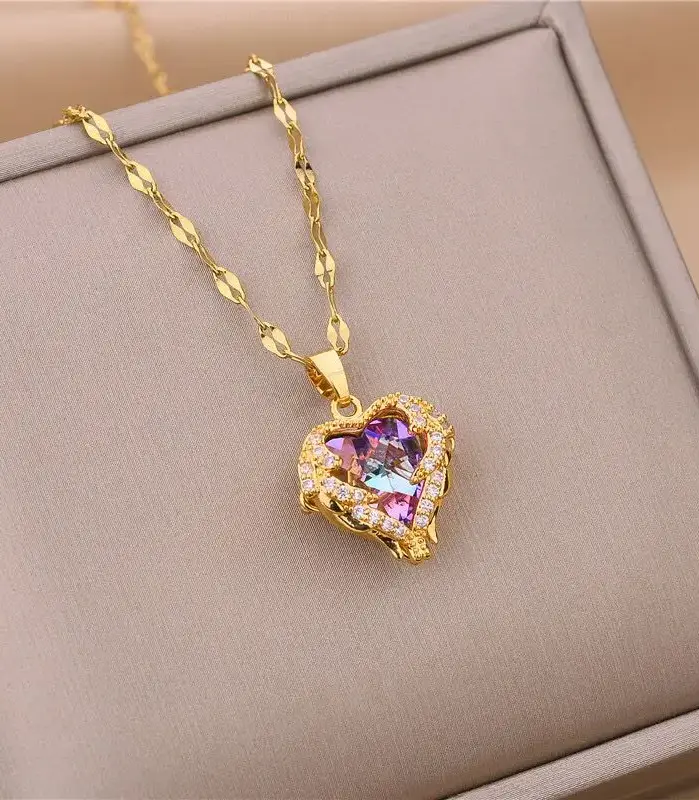 Collar con colgante de corazón de océano de cristal colorido de lujo superior para mujer, joyería de acero inoxidable 316L a la moda, cadena para cuello de boda para mujer 1